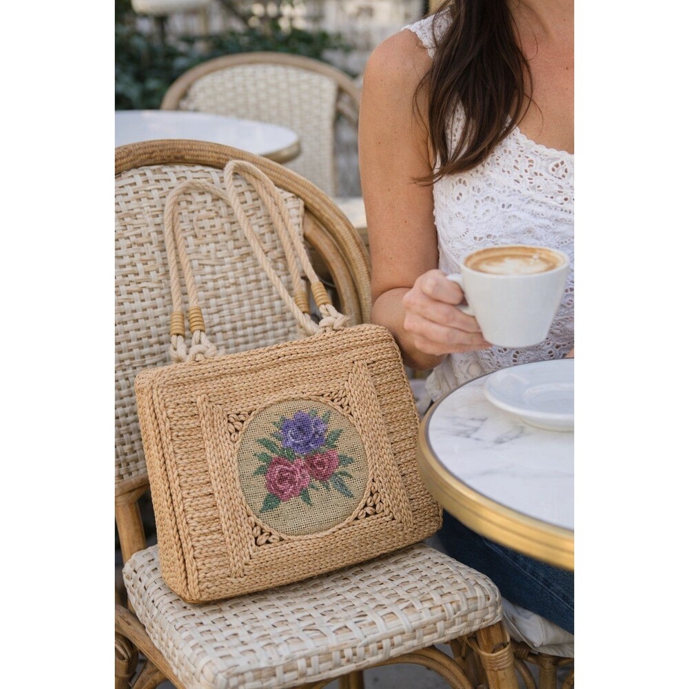 Vintage Handmade Woven Straw Embroidered Floral Bag Boho Cottagecore  Purse